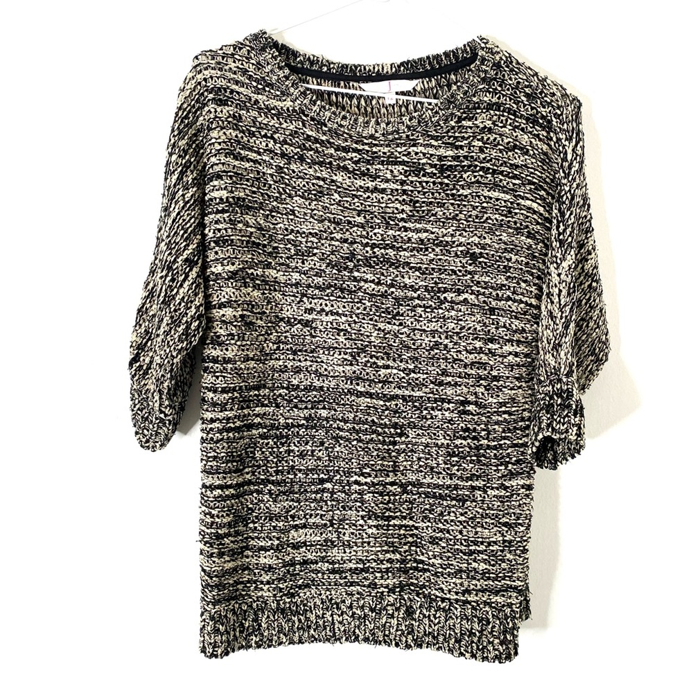 Jasper Conran Beige Black Semi Sheer Knit Crew Neck Crop Sleeve Sweater